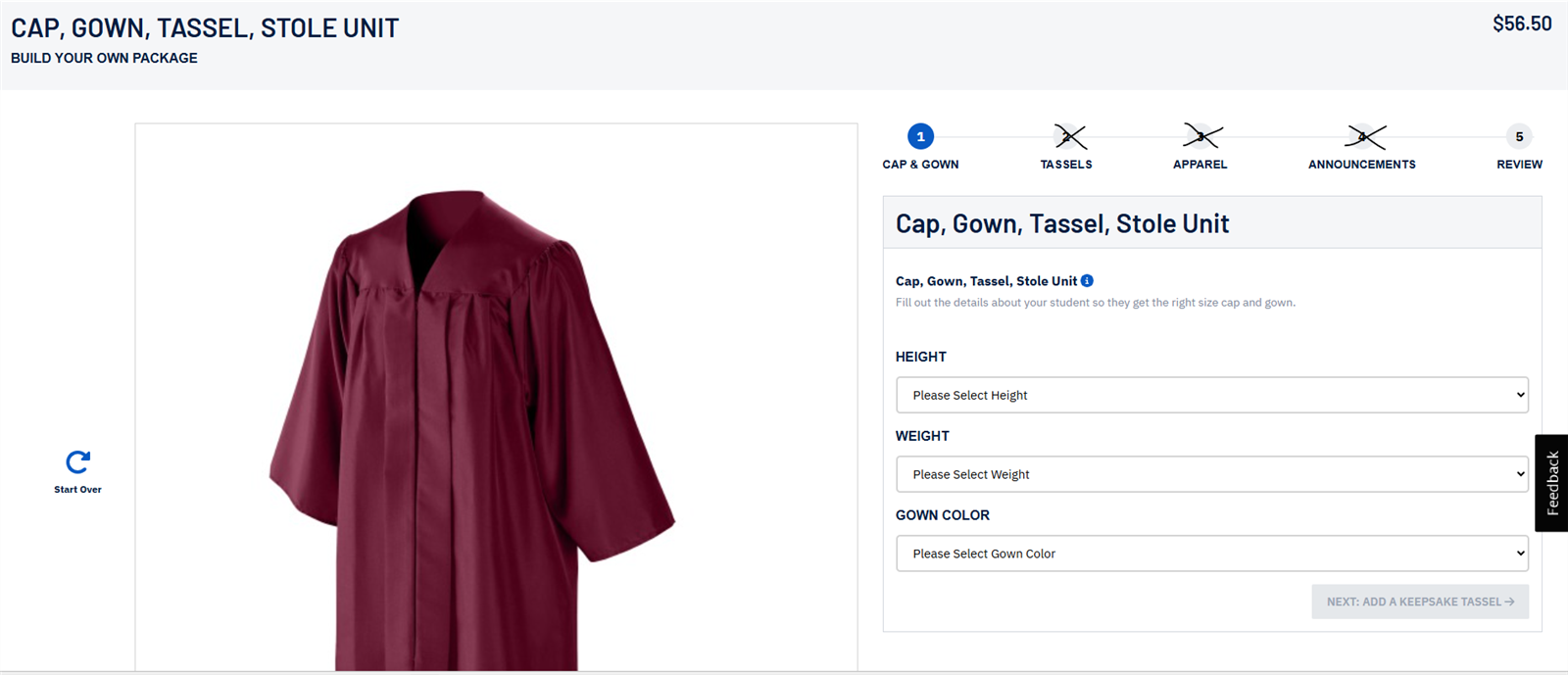 Screenshot of order page